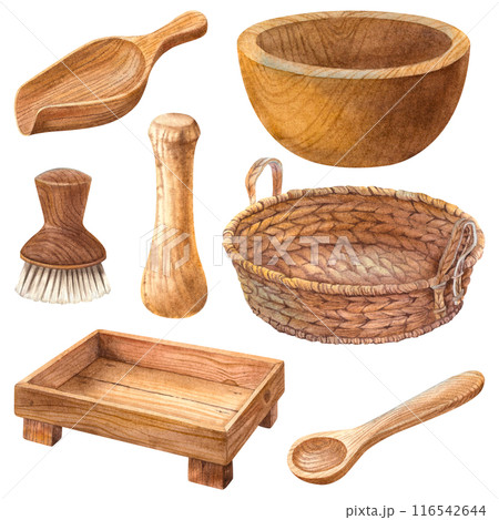 Set of wooden kitchen utensil elements basket, tray, bowl, spoon, scoop, pestle, brush. Hand drawn watercolor illustration on isolated background. Clipart for printing menu, card, label, packaging. Set of wooden kitchen utensil elements basket, tray, bowl, spoon, scoop, pestle, brush. Hand drawn watercolor illustration on isolated background. Clipart for printing menu, card, label, packaging. 116542644