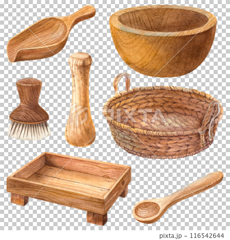 Set of wooden kitchen utensil elements basket, tray, bowl, spoon, scoop, pestle, brush. Hand drawn watercolor illustration on isolated background. Clipart for printing menu, card, label, packaging. Set of wooden kitchen utensil elements basket, tray, bowl, spoon, scoop, pestle, brush. Hand drawn watercolor illustration on isolated background. Clipart for printing menu, card, label, packaging. 116542644