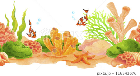 Watercolor seamless border or frame with marine coral reef life. Cartoon hand drawn bottom frame with corals, seaweeds, starfish and tropical fish for travel banner, card, label, packaging, covers 116542676