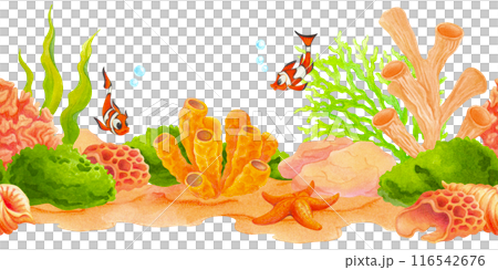 Watercolor seamless border or frame with marine coral reef life. Cartoon hand drawn bottom frame with corals, seaweeds, starfish and tropical fish for travel banner, card, label, packaging, covers 116542676