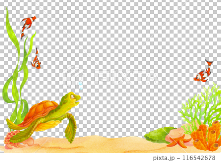 Bottom frame or border with cartoon sea turtle, clown fish, corals and algae. Underwater life isolated hand drawn Watercolor Illustration for postcard, travel banner, label, cover, invitation 116542678