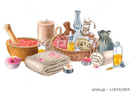 Drawing of skin care oils, soap, loofah, towel, sea salt, pouch . Spa eco products in basket of cosmetics. Hand drawn watercolor illustration of body care toiletries on isolated transparent background 116542804