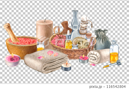 Drawing of skin care oils, soap, loofah, towel, sea salt, pouch . Spa eco products in basket of cosmetics. Hand drawn watercolor illustration of body care toiletries on isolated transparent background Drawing of skin care oils, soap, loofah, towel, sea salt, pouch . Spa eco products in basket of cosmetics. Hand drawn watercolor illustration of body care toiletries on isolated transparent background 116542804