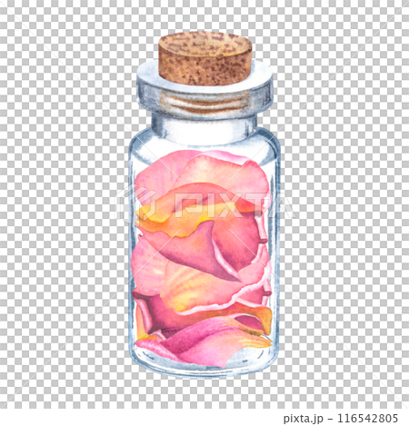 Miniature clear Miniatglass cosmetic bottle with dried rose petals. Hand drawn watercolor illustration of small vial isolated on background. For scrapbooking, wedding favors sign, wedding decorations. Miniature clear Miniatglass cosmetic bottle with dried rose petals. Hand drawn watercolor illustration of small vial isolated on background. For scrapbooking, wedding favors sign, wedding decorations. 116542805