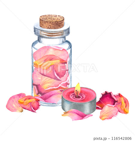 Pink rose petals in glass bottle and aroma candle. Hand drawn watercolor illustration of a small vial in pastel colors isolated on background. SPA treatments at home, ingredients for cosmetic masks. 116542806