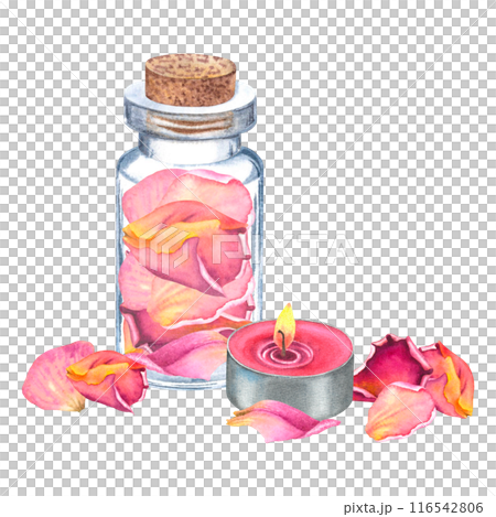 Pink rose petals in glass bottle and aroma candle. Hand drawn watercolor illustration of a small vial in pastel colors isolated on background. SPA treatments at home, ingredients for cosmetic masks. 116542806