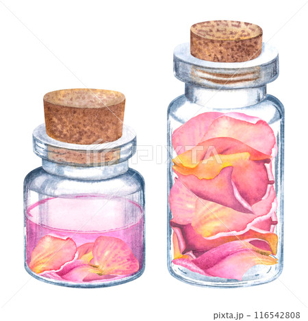 Two miniature clear glass cosmetic bottles with soft-pink dried rose petals. Hand drawn watercolor illustration of small vials isolated on background. For packaging design of cosmetic, spa products. Two miniature clear glass cosmetic bottles with soft-pink dried rose petals. Hand drawn watercolor illustration of small vials isolated on background. For packaging design of cosmetic, spa products. 116542808