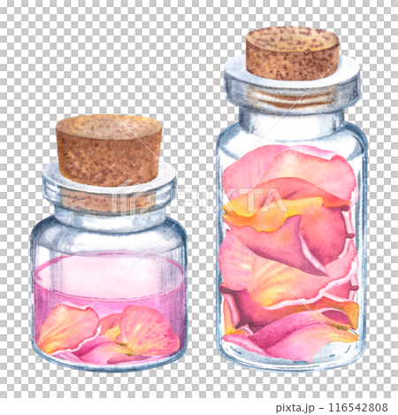 Two miniature clear glass cosmetic bottles with soft-pink dried rose petals. Hand drawn watercolor illustration of small vials isolated on background. For packaging design of cosmetic, spa products. Two miniature clear glass cosmetic bottles with soft-pink dried rose petals. Hand drawn watercolor illustration of small vials isolated on background. For packaging design of cosmetic, spa products. 116542808
