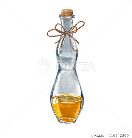 Glass bottle with wooden stopper and jute rope bow, oil for skin. Hand drawn watercolor illustration of jar with natural body care product isolated on background. Packaging element for design. 116542809