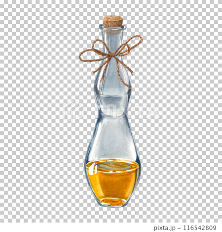 Glass bottle with wooden stopper and jute rope bow, oil for skin. Hand drawn watercolor illustration of jar with natural body care product isolated on background. Packaging element for design. Glass bottle with wooden stopper and jute rope bow, oil for skin. Hand drawn watercolor illustration of jar with natural body care product isolated on background. Packaging element for design. 116542809