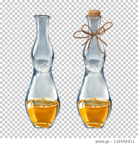 Glass bottles with wooden stopper and jute rope bow, argan oil for skin. Hand drawn watercolor illustration of vintage flacons with natural body care product isolated on background for aromatherapy. Glass bottles with wooden stopper and jute rope bow, argan oil for skin. Hand drawn watercolor illustration of vintage flacons with natural body care product isolated on background for aromatherapy. 116542811
