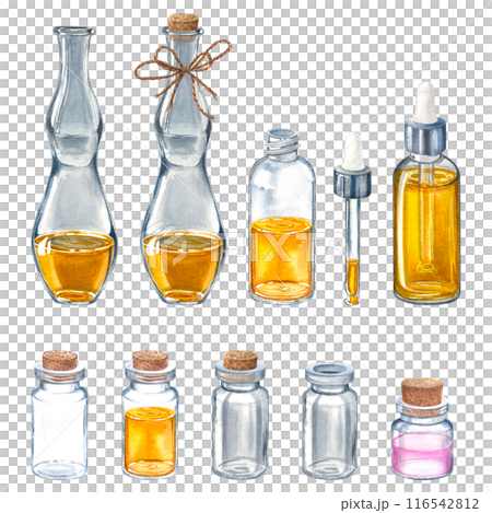 Set of glass bottles for essential oils and cosmetic products. Hand drawn watercolor illustration of dropper bottle, vial with bamboo cover, flask, jar isolated on background. For packaging design. Set of glass bottles for essential oils and cosmetic products. Hand drawn watercolor illustration of dropper bottle, vial with bamboo cover, flask, jar isolated on background. For packaging design. 116542812
