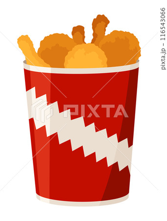 Fried chicken. Crispy fried chicken drumsticks in paper bucket isolated on white background. Beautiful delicious in cartoon style. Fresh fast food fry meat 116543066