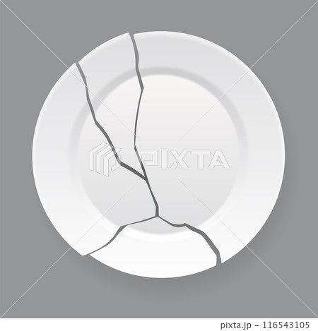 Broken white plate. Shattered food plate, cracked porcelain dish. Dishware with damage. Icon isolated on white background. Vector illustration 116543105
