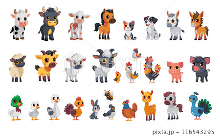Big set funny vector Illustrations of farmyard animals for kids, posters, logo, and more Big set funny vector Illustrations of farmyard animals for kids, posters, logo, and more 116543295