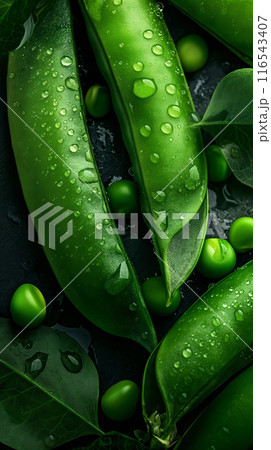 Close-Up of Fresh Green Peas in Pods 116543407
