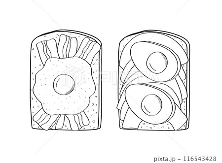 Set of sandwiches with different fillings. Toasted bread with breakfast filling. Vector illustration of snack sketch doodle. Set of sandwiches with different fillings. Toasted bread with breakfast filling. Vector illustration of snack sketch doodle. 116543428