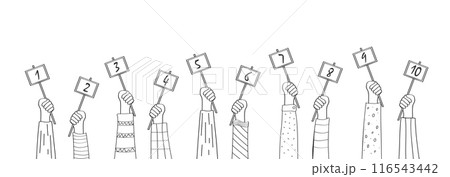 Cartoon hands with evaluation cards with numbers. Vector illustration of the raised hands of the jury members with scores. Rate it on a 10-point scale. 116543442
