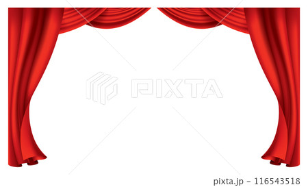 Red curtains realistic. Theater fabric silk decoration for movie cinema or opera hall. Curtains and draperies interior decoration object. Isolated on transparent for theater stage 116543518