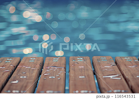 closeup of divingboard and swimming pool background defocused 116543531