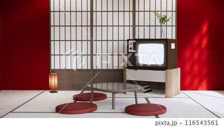 Red style low table in living room Japanese style with decoration muji minimal. Red style low table in living room Japanese style with decoration muji minimal. 116543561