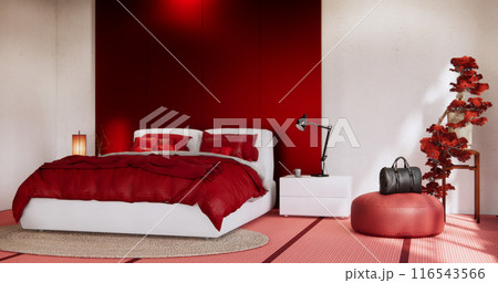 Red Bedroom minimal Modern wall and wooden tiles floor. Red Bedroom minimal Modern wall and wooden tiles floor. 116543566