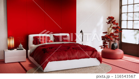 Red Bedroom minimal Modern wall and wooden tiles floor. 116543567