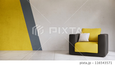 Living room Black and yellow wall colorful with sofa armchair and tiles granite floor. Living room Black and yellow wall colorful with sofa armchair and tiles granite floor. 116543571