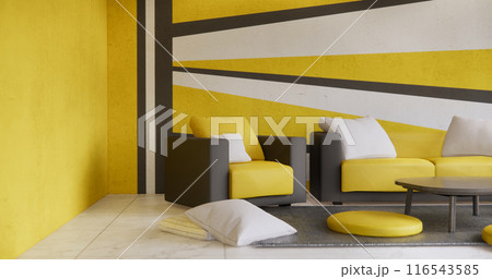 Living room Black and yellow wall colorful with sofa armchair and tiles granite floor. 116543585