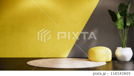 Black and yellow wall on white granite floor. 116543605