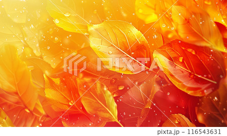 an autumn-themed abstract background with vibrant yellow and orange leaves  116543631