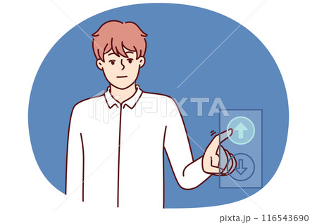 Man presses up button while riding in elevator for concept of ambitious striving for progress Man presses up button while riding in elevator for concept of ambitious striving for progress 116543690