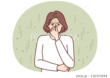 Woman closes nose in disgust at smell and toxic aroma caused by violation of hygiene rules 116543694