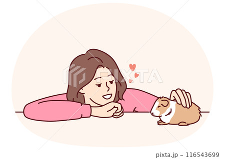 Caring woman pets guinea pig or hamster enjoying companionship of cute pet given to by parents Caring woman pets guinea pig or hamster enjoying companionship of cute pet given to by parents 116543699