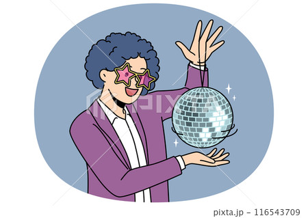 Funny man with disco ball with curly wig on head came to nightclub or dance floor to have fun Funny man with disco ball with curly wig on head came to nightclub or dance floor to have fun 116543709