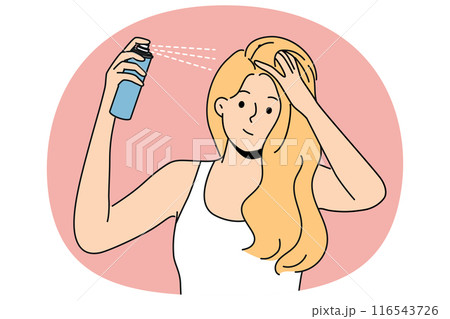 Woman puts hairspray on hair while preparing to go on date or party and wants to be most beautiful 116543726