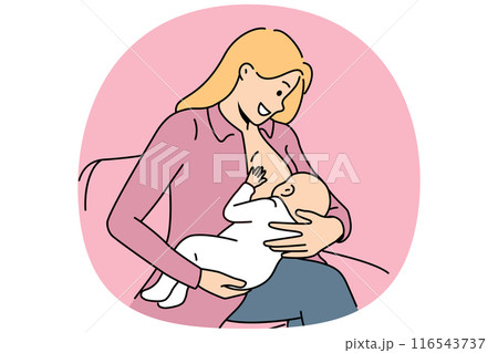 Woman breastfeeds infant and smiles, experiencing joy of motherhood after birth of first child 116543737