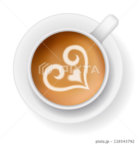 Coffee mug top view. Cappuccino espresso latte milk brown coffee vector realistic template Coffee mug top view. Cappuccino espresso latte milk brown coffee vector realistic template 116543792
