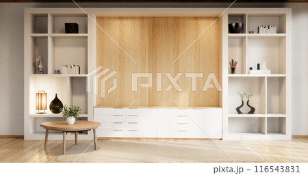 Cabinet and wall shelves on empty room with decoration ,lamp, plants, carpet, sofa. Cabinet and wall shelves on empty room with decoration ,lamp, plants, carpet, sofa. 116543831