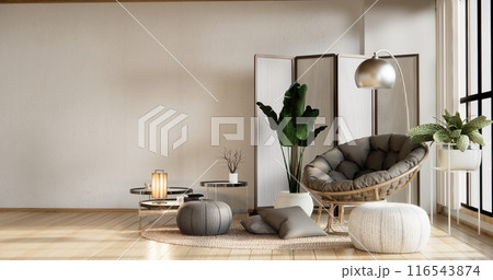 Cabinet shelves on wall design room with decoration and sofa. 116543874