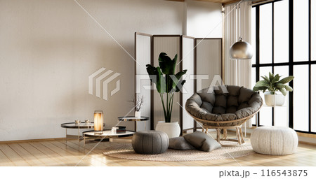 Cabinet shelves on wall design room with decoration and sofa. 116543875
