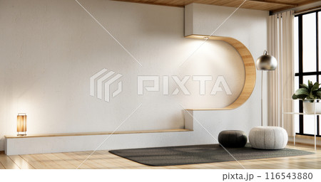 Cabinet shelves on wall design room with decoration and sofa. 116543880