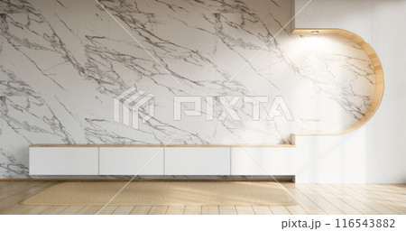 Cabinet and wall shelves on empty room with decoration ,lamp, plants, carpet, sofa. 116543882