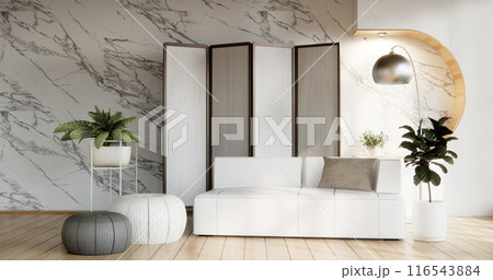 Cabinet shelves on wall design room with decoration and sofa. 116543884