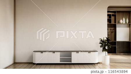 Cabinet and wall shelves on empty room with decoration ,lamp, plants, carpet, sofa. Cabinet and wall shelves on empty room with decoration ,lamp, plants, carpet, sofa. 116543894