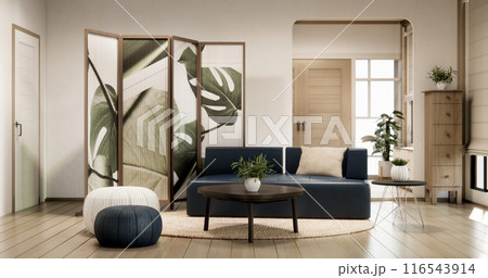 Cabinet shelves on wall design room with decoration and sofa. 116543914