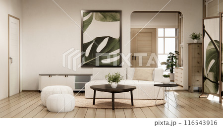 Cabinet shelves on wall design room with decoration and sofa. 116543916