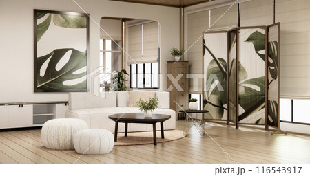 Cabinet shelves on wall design room with decoration and sofa. 116543917