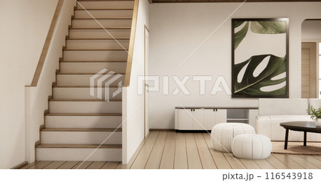 Stairs wooden in modern room with white wall with wood wall design. 116543918