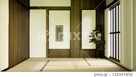 Nihon room design interior with door paper and tatami mat floor room japanese style. Nihon room design interior with door paper and tatami mat floor room japanese style. 116543950